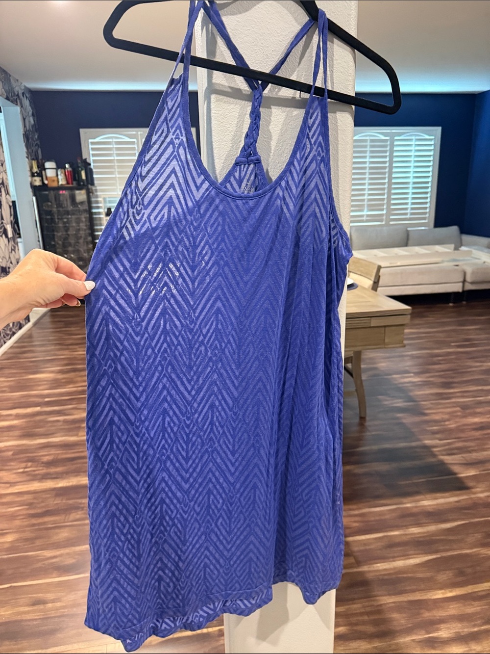Blue Sheer Chevron Swim Cover-Up Tank Dress